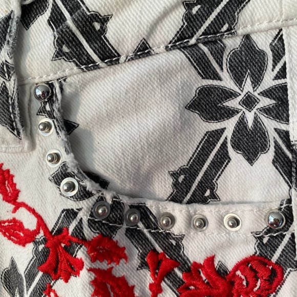 ISABEL MARANT BOLD RED FLORAL EMBROIDERED JEANS - Picture 4 of 11